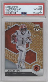 Ja'Marr Chase from the 2021 Panini Mosaic set featuring a Honeycomb parallel graded by PSA and given an overall grade of 10.