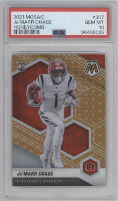 Ja'Marr Chase from the 2021 Panini Mosaic set featuring a Honeycomb parallel graded by PSA and given an overall grade of 10.