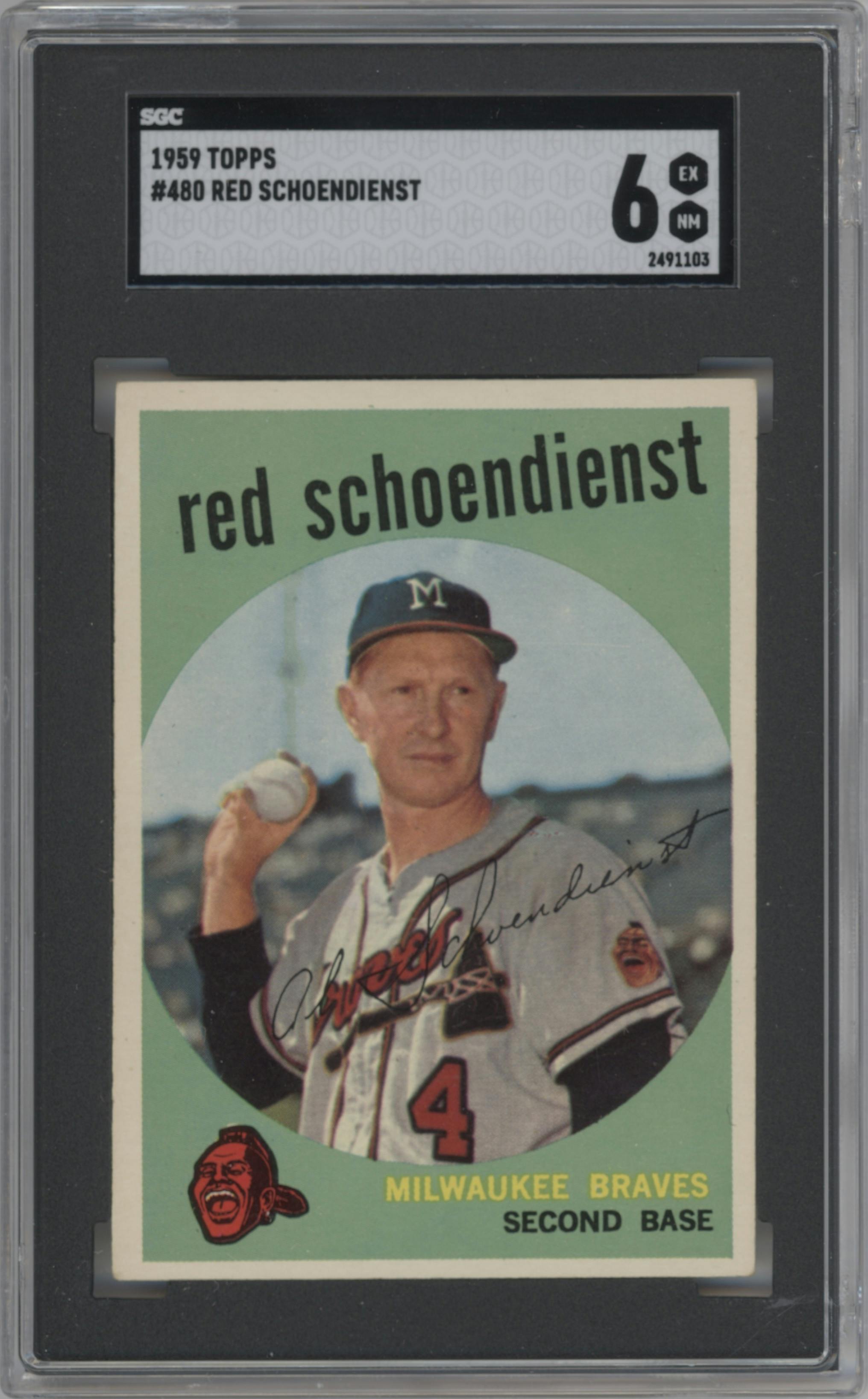Red Schoendienst from the 1959 Topps set graded by SGC and given an overall grade of 6.