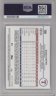 Evan Carter from the 2024 Topps  set featuring a Blue Holofoil parallel graded by PSA and given an overall grade of 10.