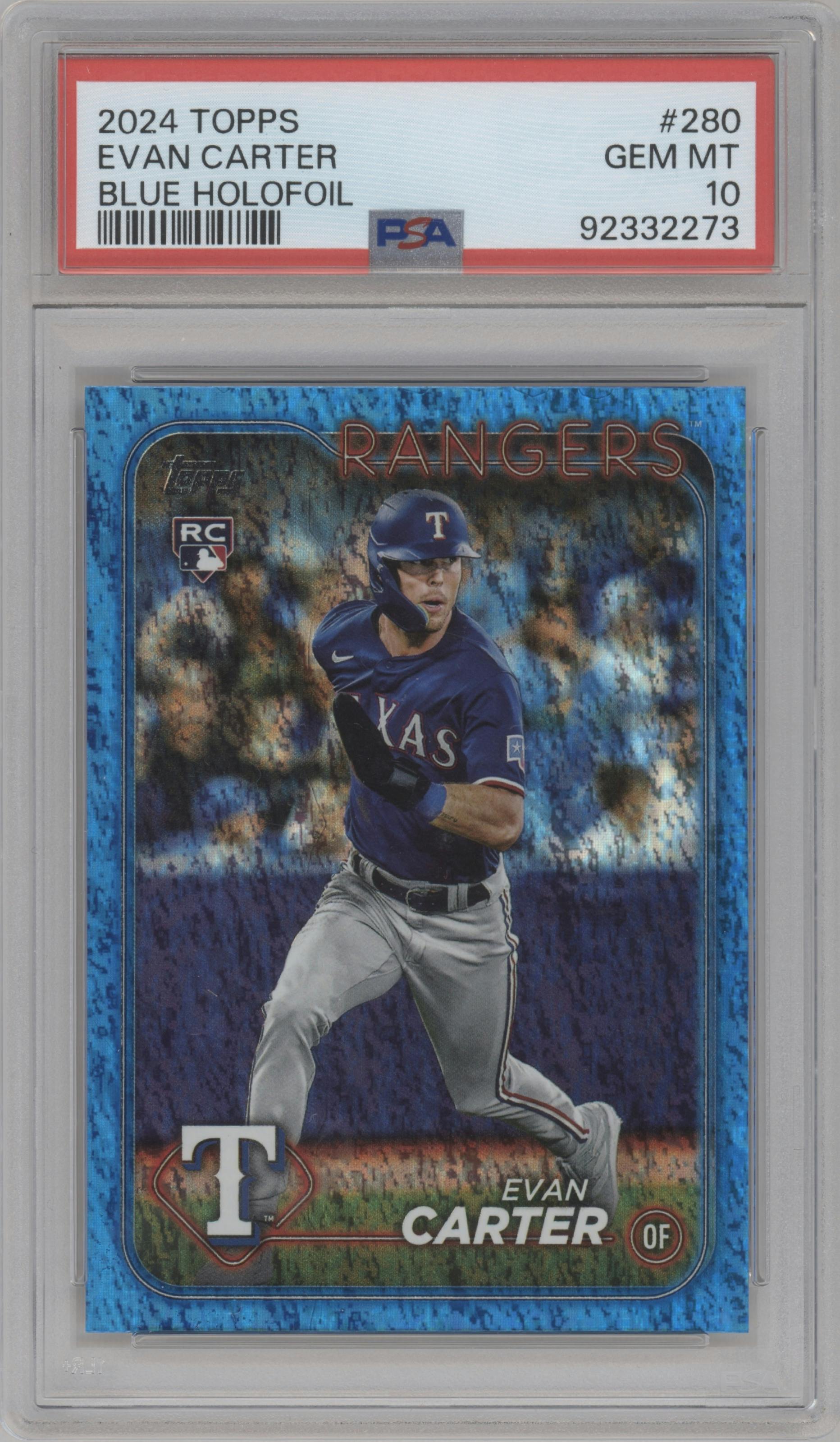 Evan Carter from the 2024 Topps  set featuring a Blue Holofoil parallel graded by PSA and given an overall grade of 10.