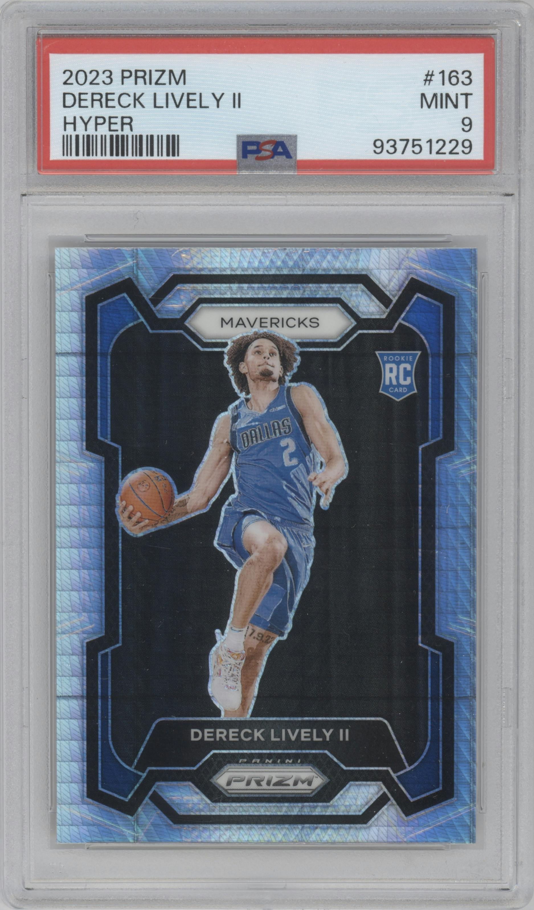 Dereck Lively II from the 2023-24 Panini Prizm set featuring a Hyper Prizm parallel graded by PSA and given an overall grade of 9.