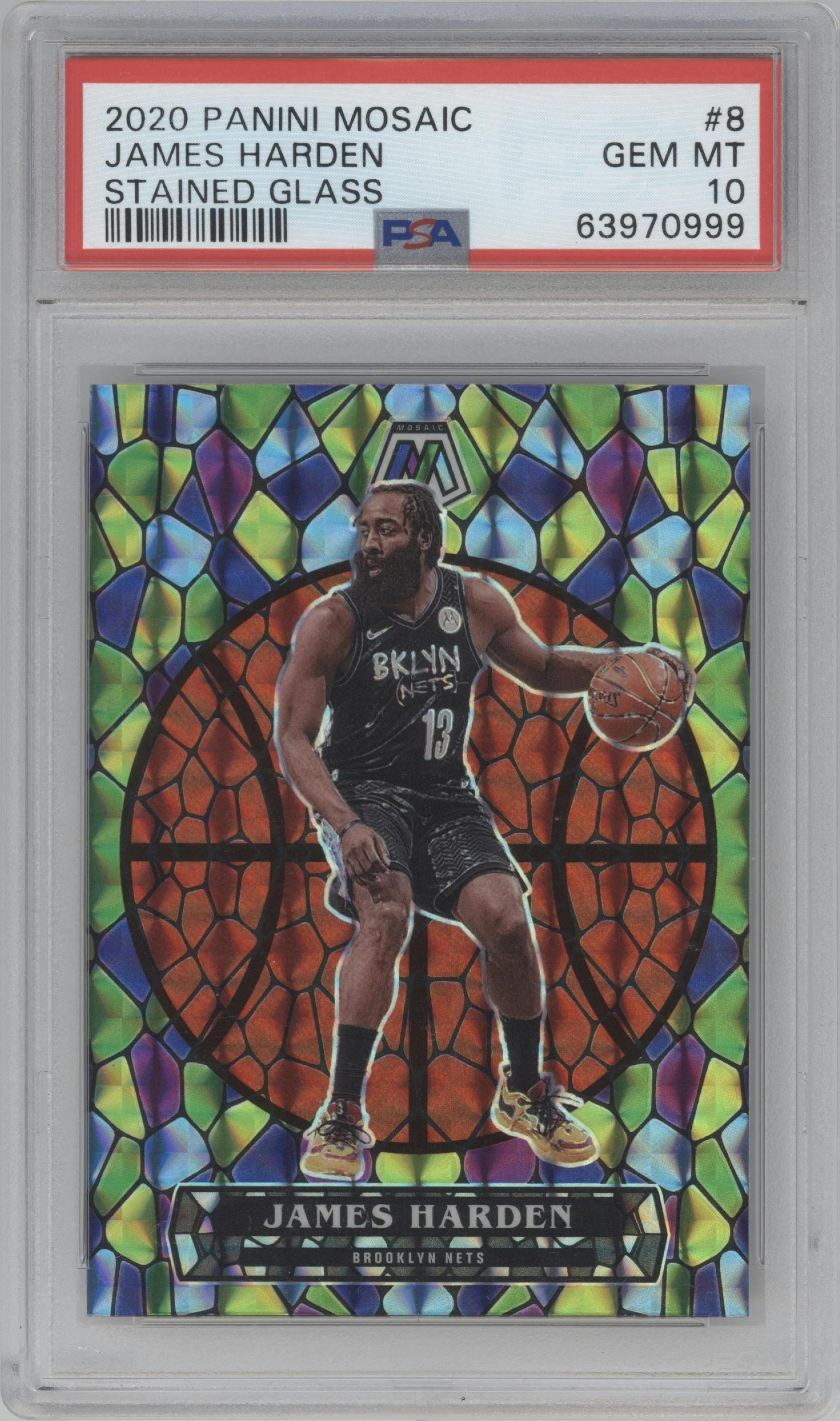 James Harden from the 2020-21 Panini Mosaic set graded by PSA and given an overall grade of 10.