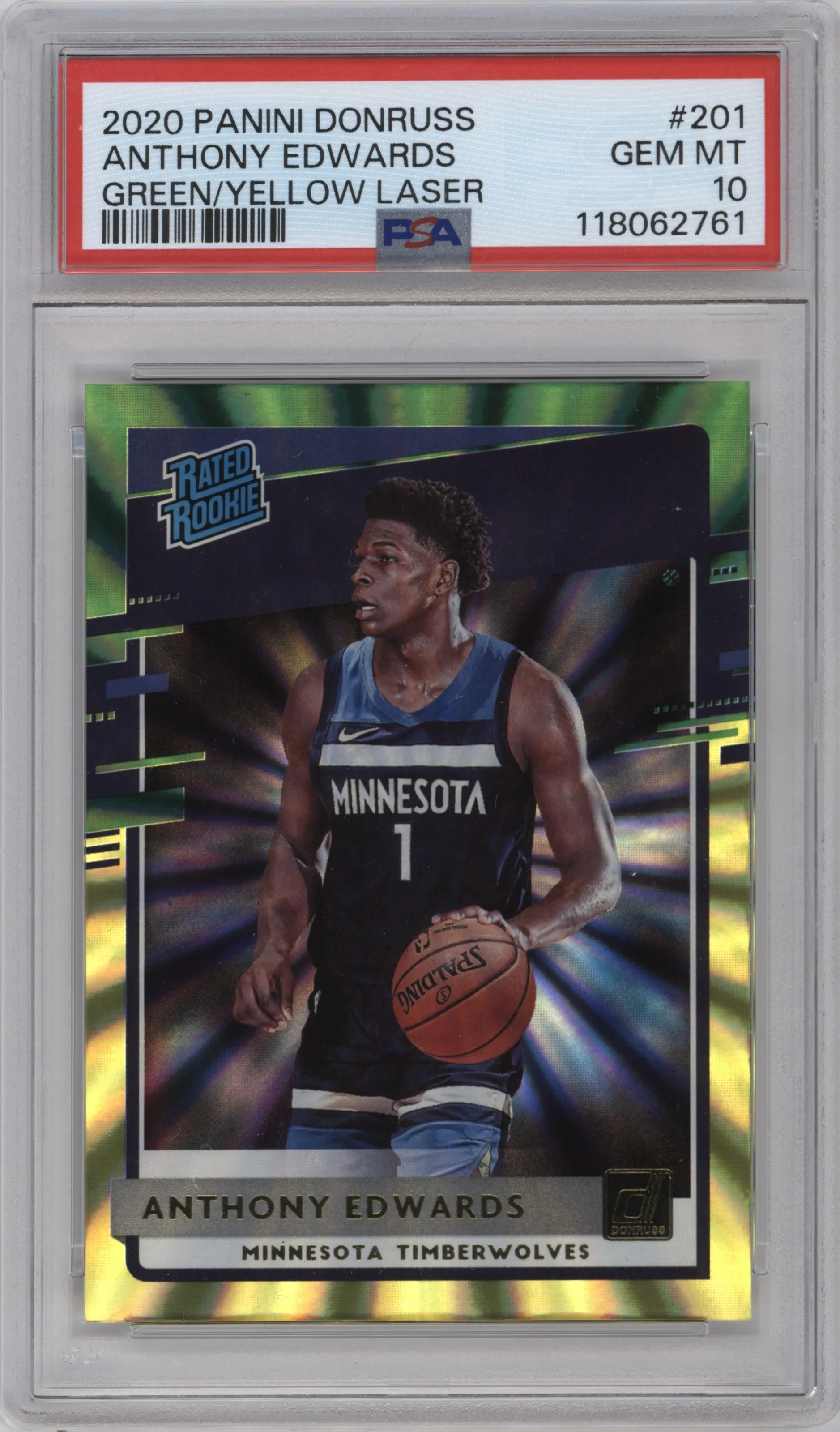 2020 Panini Donruss Rated Rookie Anthony Edwards Green & Yellow Laser PSA 10