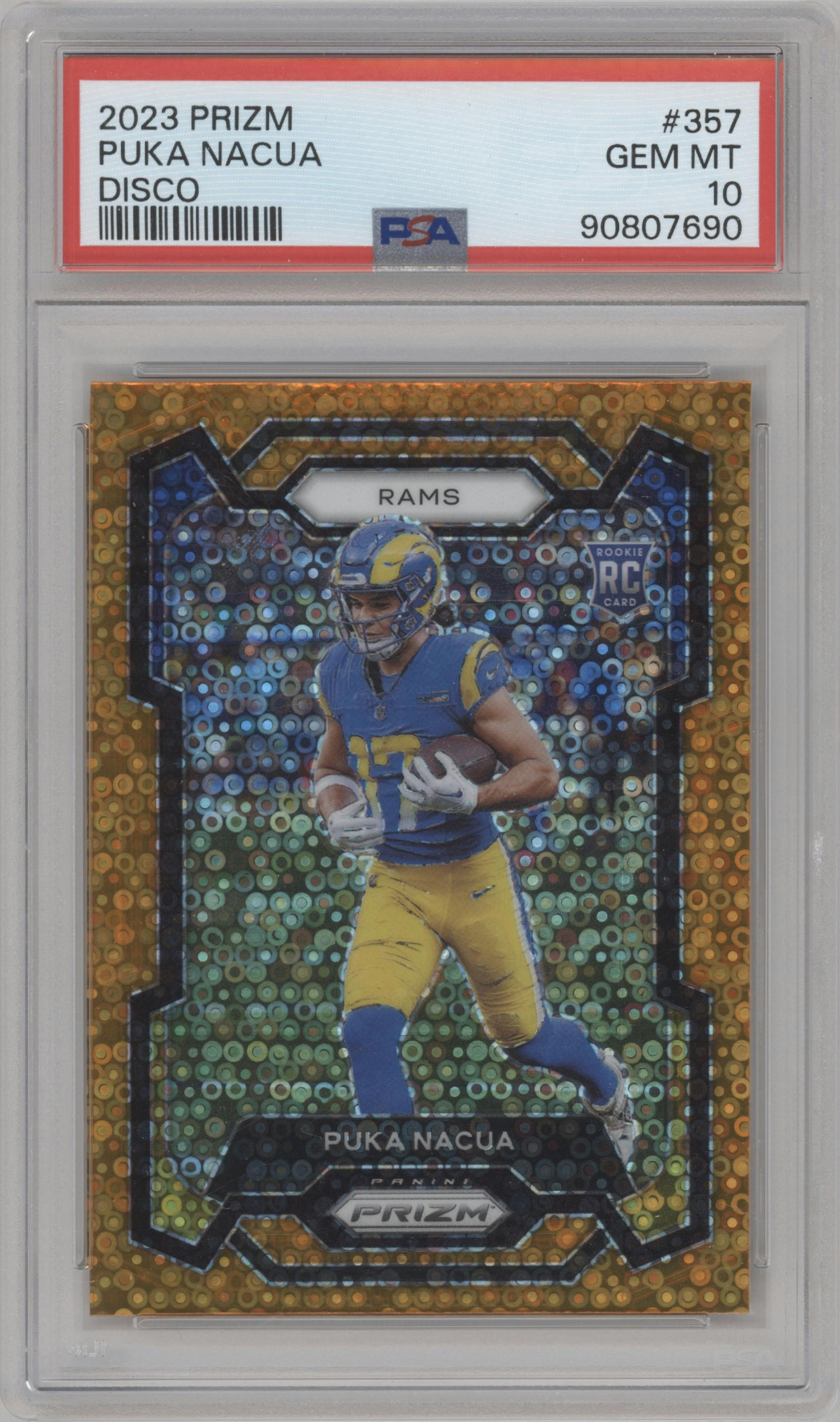 Puka Nacua from the 2023 Panini Prizm set featuring a Disco parallel graded by PSA and given an overall grade of 10.