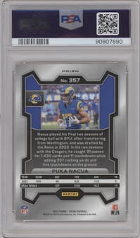 Puka Nacua from the 2023 Panini Prizm set featuring a Disco parallel graded by PSA and given an overall grade of 10.