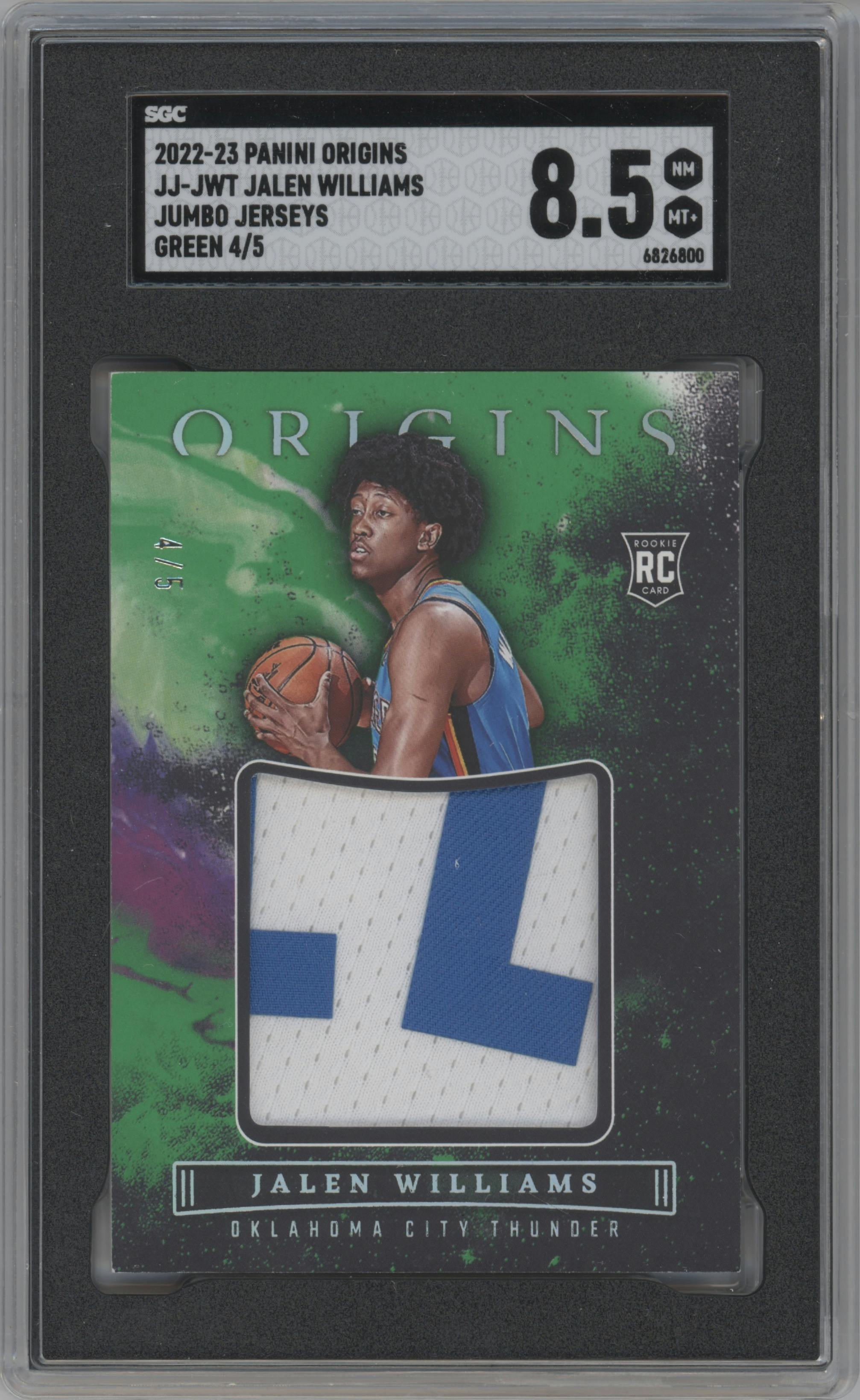 Jalen Williams  from the 2022-23 Panini Origins set featuring a Green parallel graded by SGC and given an overall grade of 8.5.
