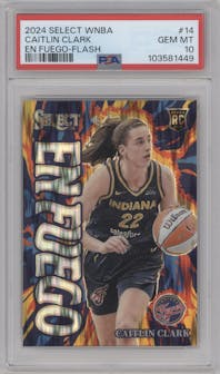 Caitlin Clark from the 2024 Panini Select WNBA set featuring a Flash Prizm parallel graded by PSA and given an overall grade of 10.
