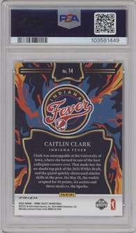Caitlin Clark from the 2024 Panini Select WNBA set featuring a Flash Prizm parallel graded by PSA and given an overall grade of 10.