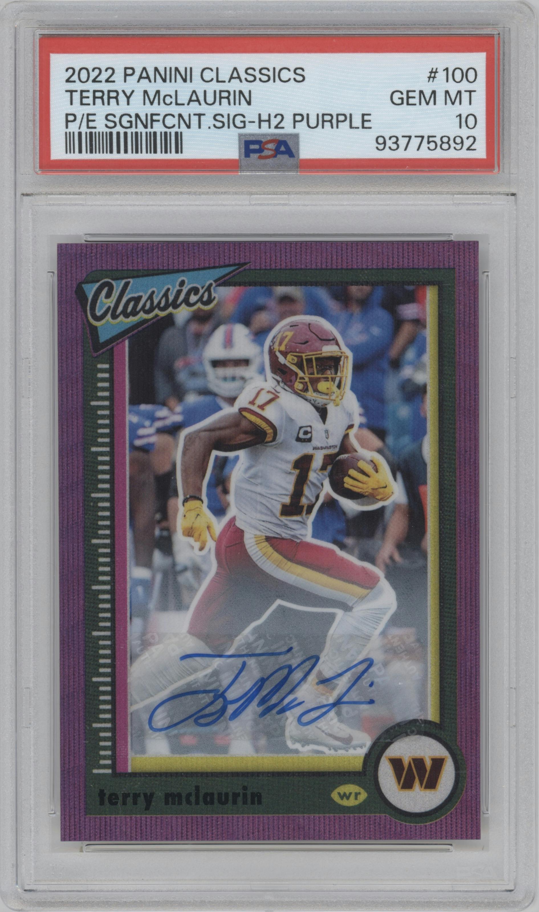 Terry McLaurin from the 2022 Panini Classics set featuring a H2 Premium Edition Purple parallel graded by PSA and given an overall grade of 10.