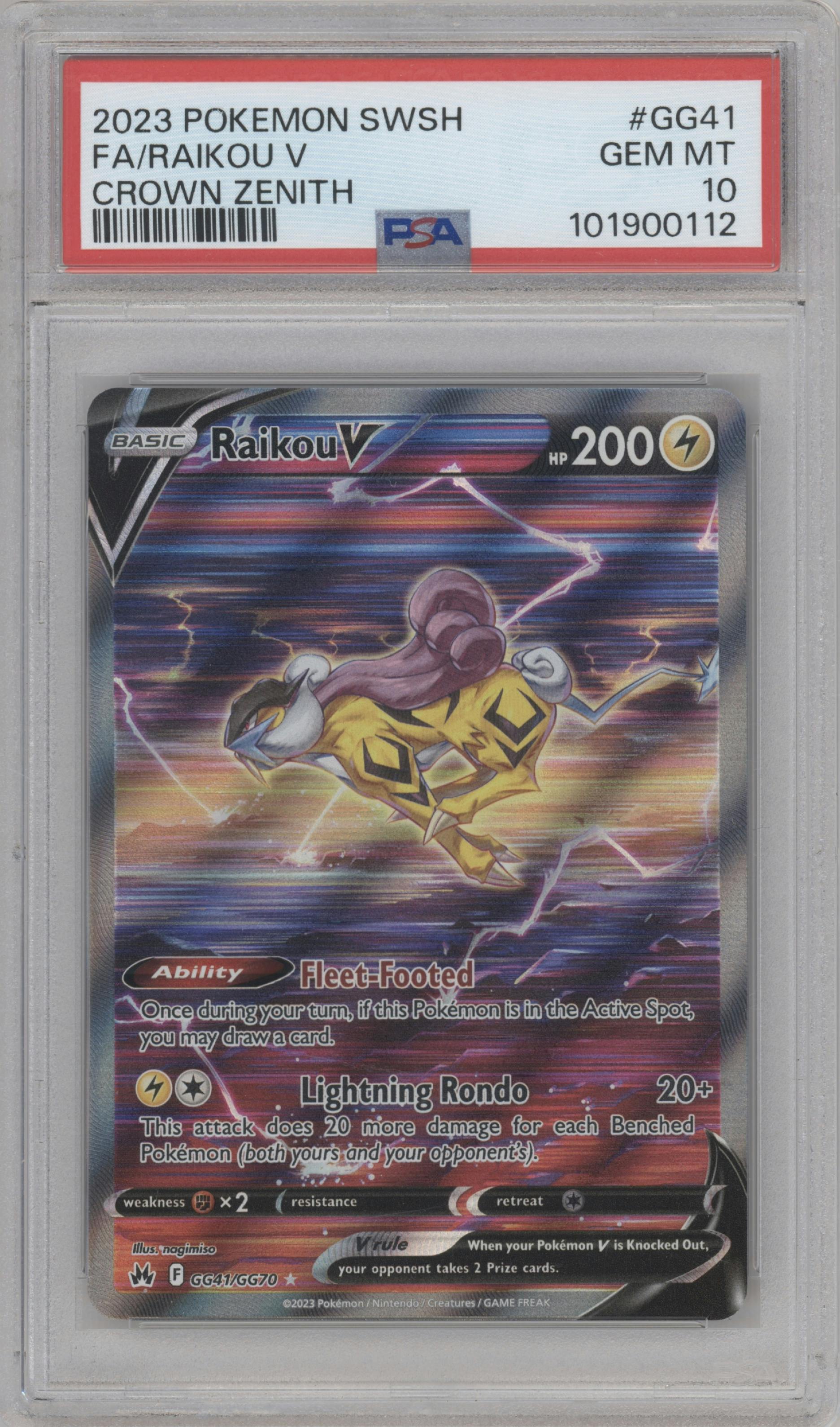 Raikou V from the 2023 Pokemon SWSH set graded by PSA and given an overall grade of 10.