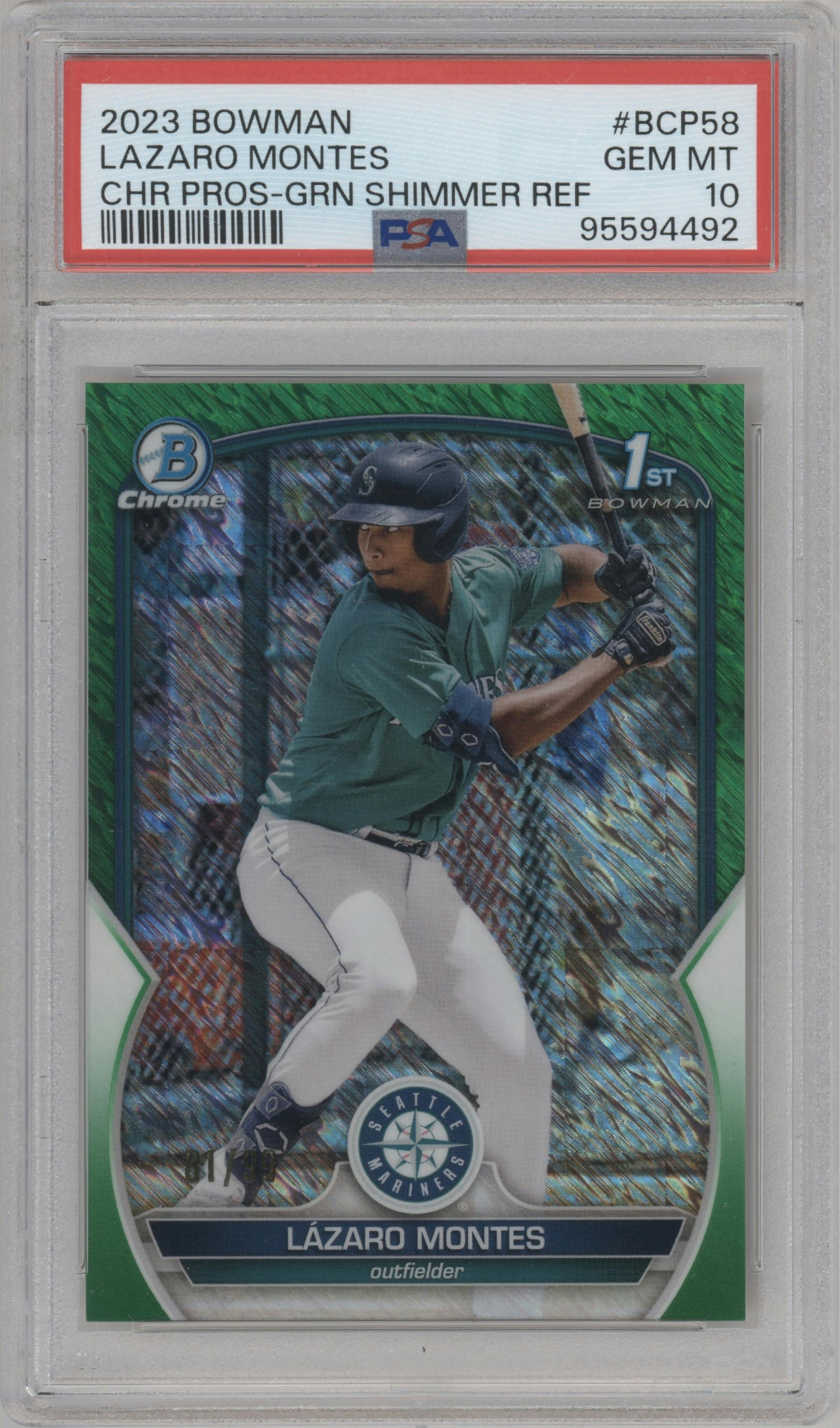 Lazaro Montes from the 2023 Bowman  set featuring a Green Shimmer Refractor parallel graded by PSA and given an overall grade of 10.