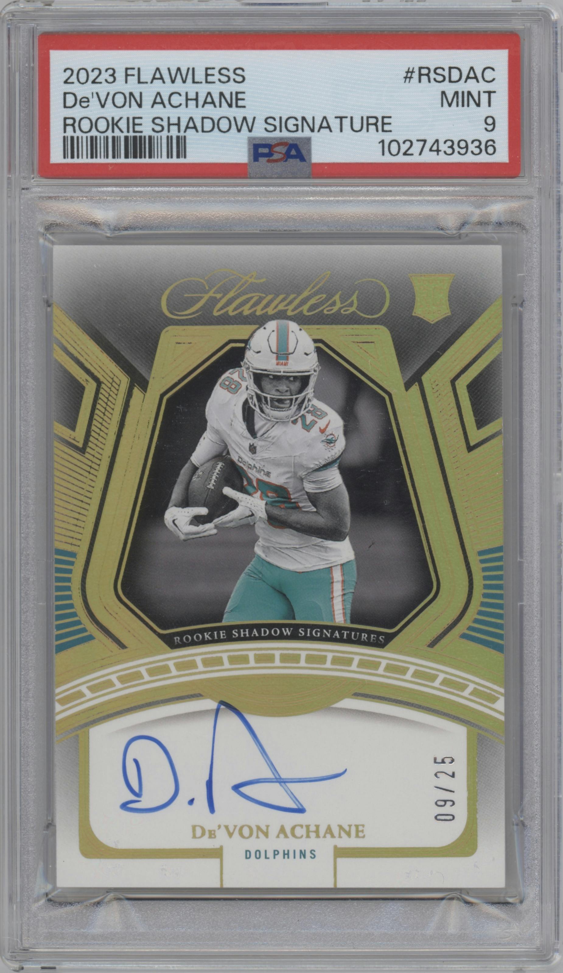 De’Von Achane from the 2023 Panini Flawless set graded by PSA and given an overall grade of 9.