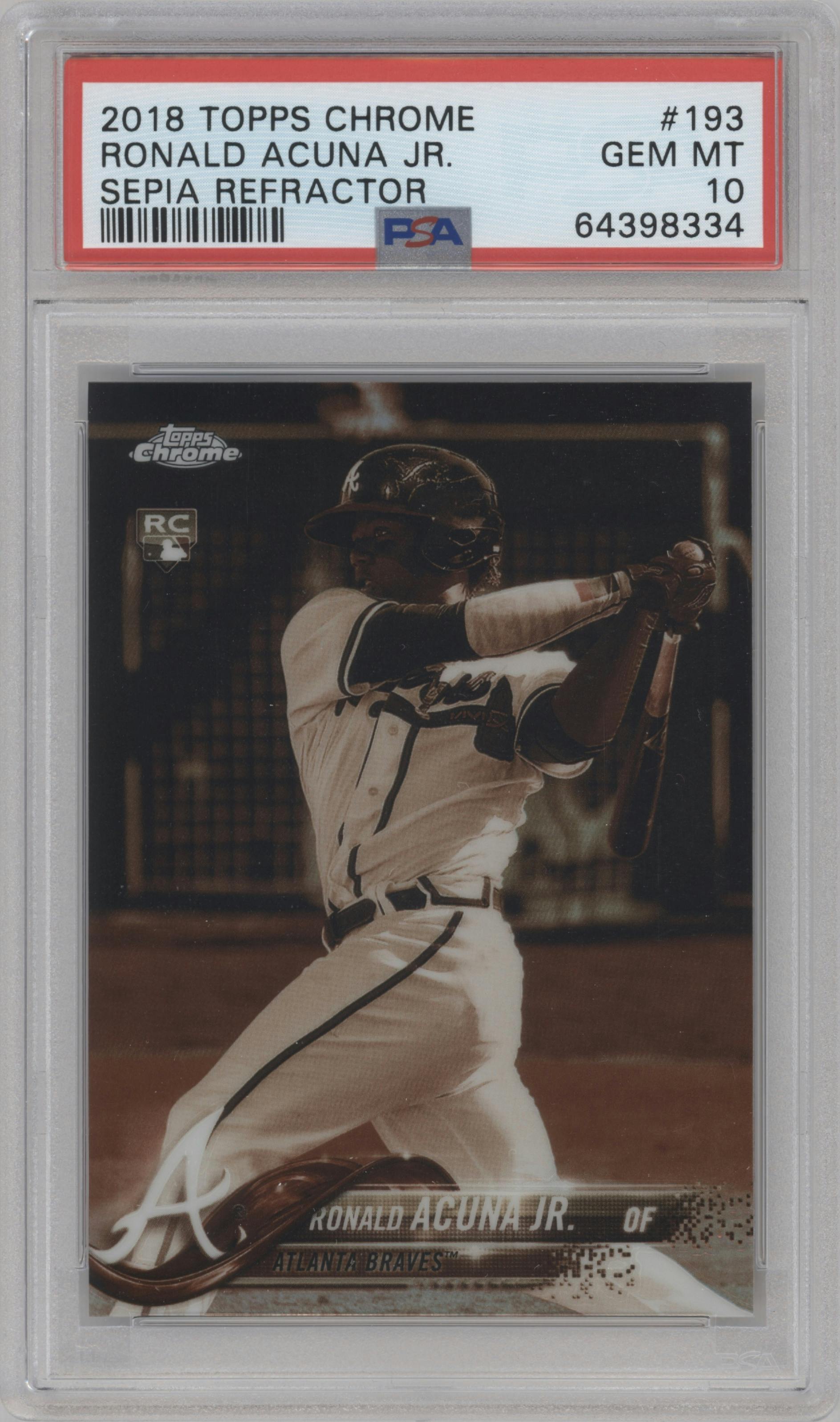 Ronald Acuna Jr. from the 2018 Topps Chrome set featuring a Sepia Refractor parallel graded by PSA and given an overall grade of 10.