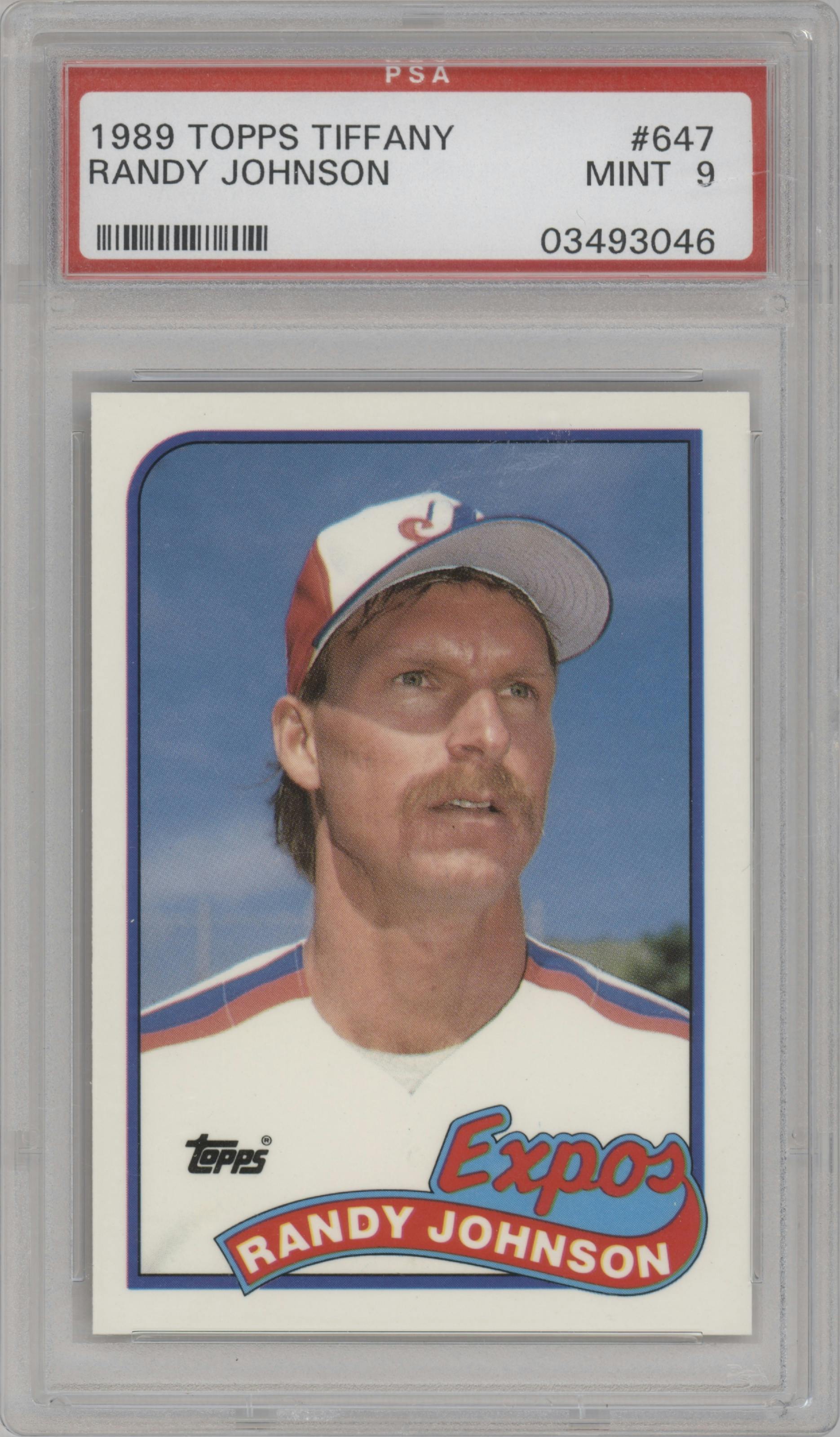 Randy Johnson from the 1989 Topps set featuring a Tiffany parallel graded by PSA and given an overall grade of 9.