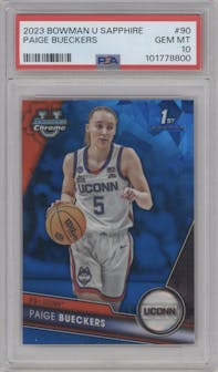 Paige Bueckers from the 2023-24 Bowman U Chrome Sapphire set graded by PSA and given an overall grade of 10.
