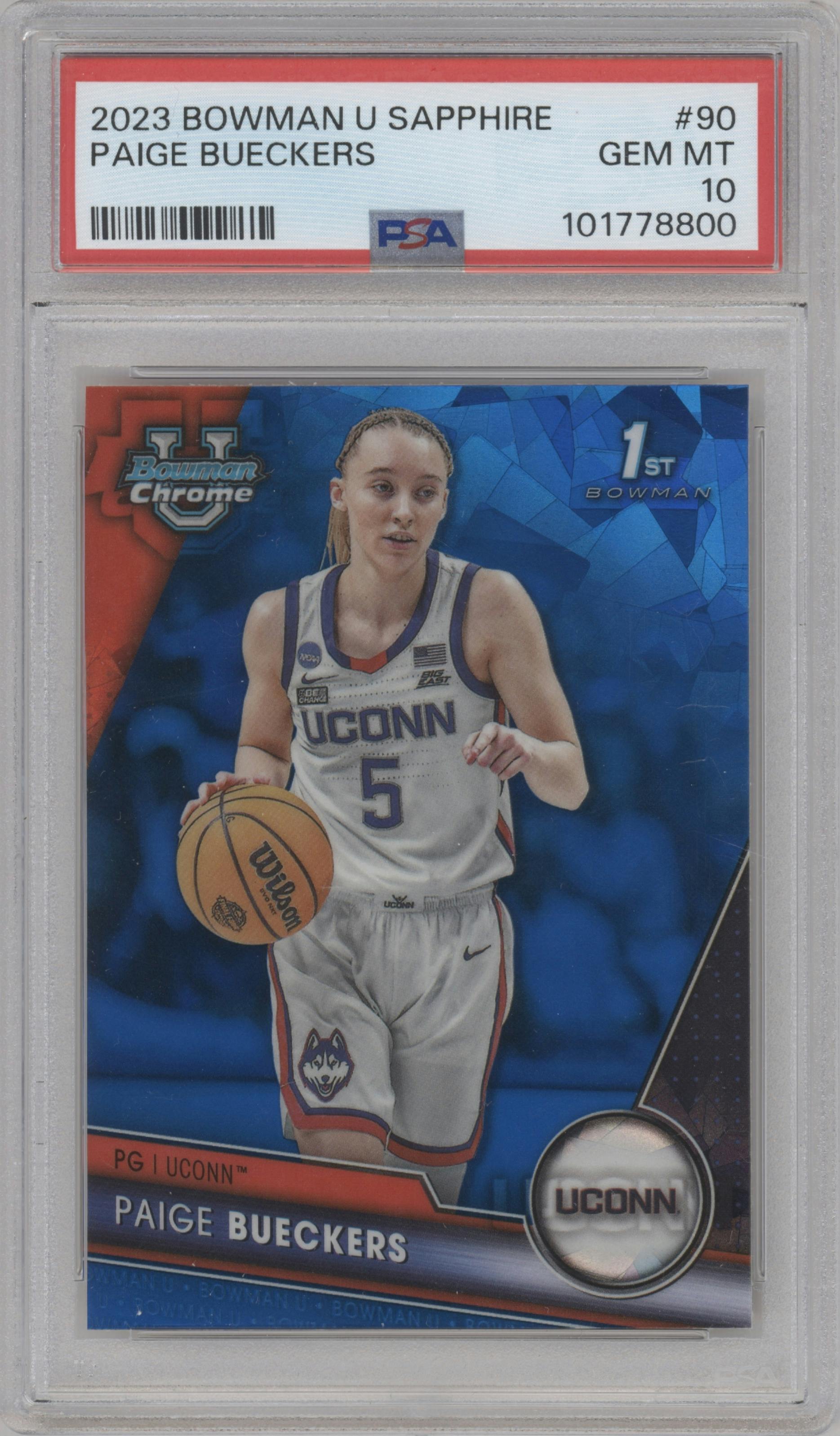 Paige Bueckers from the 2023-24 Bowman U Chrome Sapphire set graded by PSA and given an overall grade of 10.