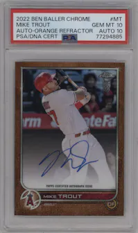 Mike Trout from the 2022 Topps Chrome Ben Baller set featuring a Orange Refractor  parallel graded by PSA and given an overall grade of 10.