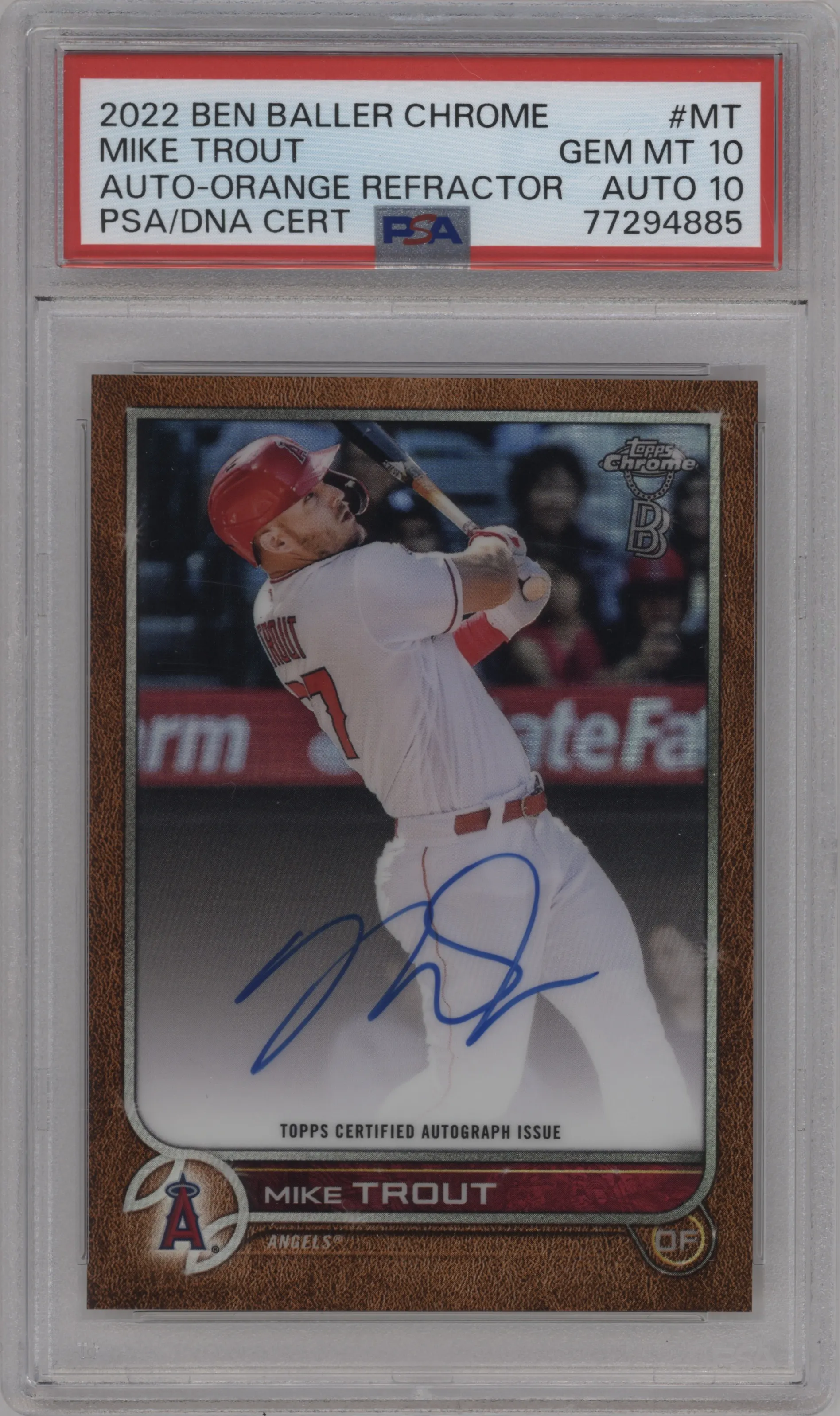 Mike Trout from the 2022 Topps Chrome Ben Baller set featuring a Orange Refractor  parallel graded by PSA and given an overall grade of 10.