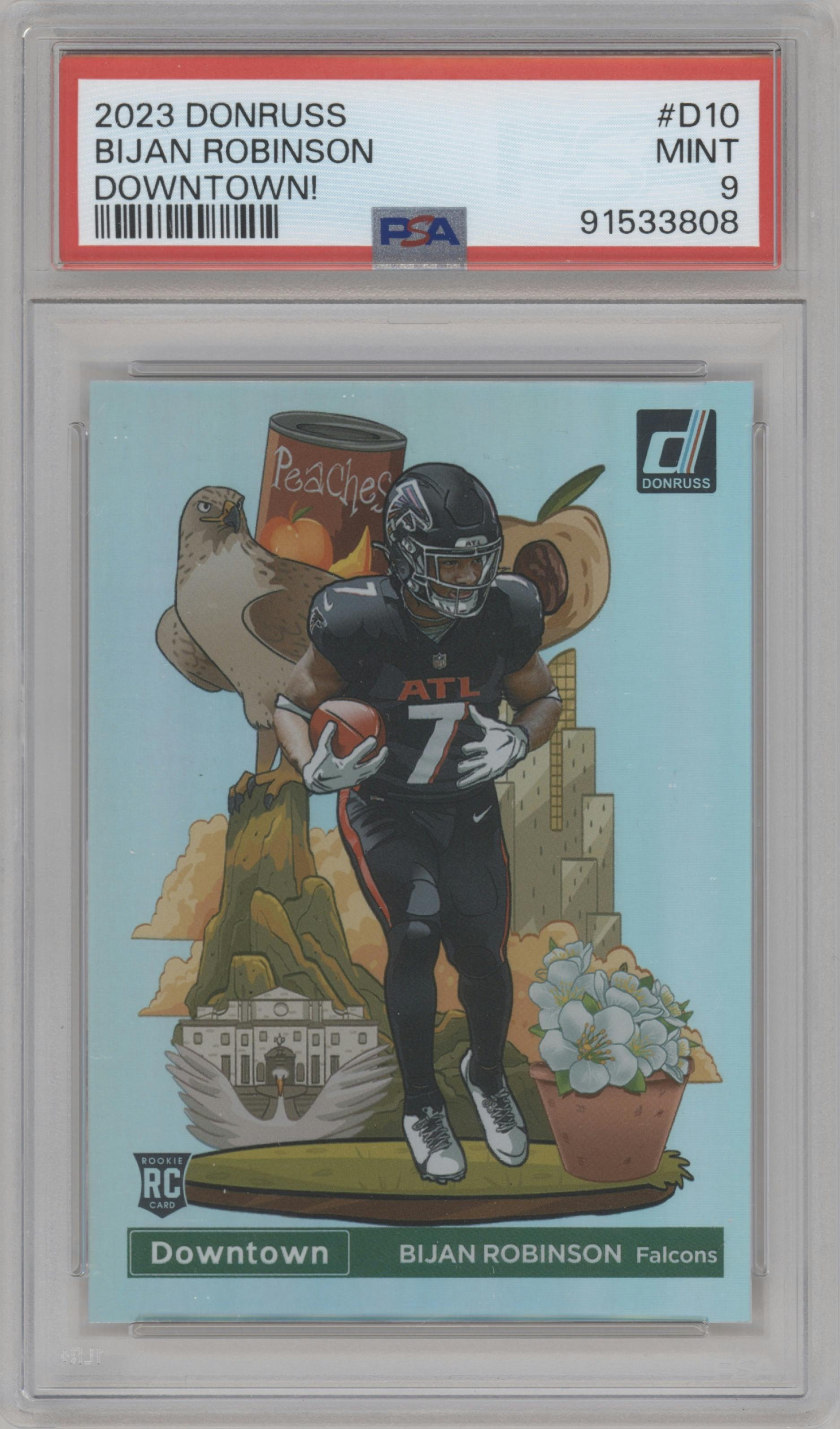 Bijan Robinson from the 2023 Panini Donruss set graded by PSA and given an overall grade of 9.