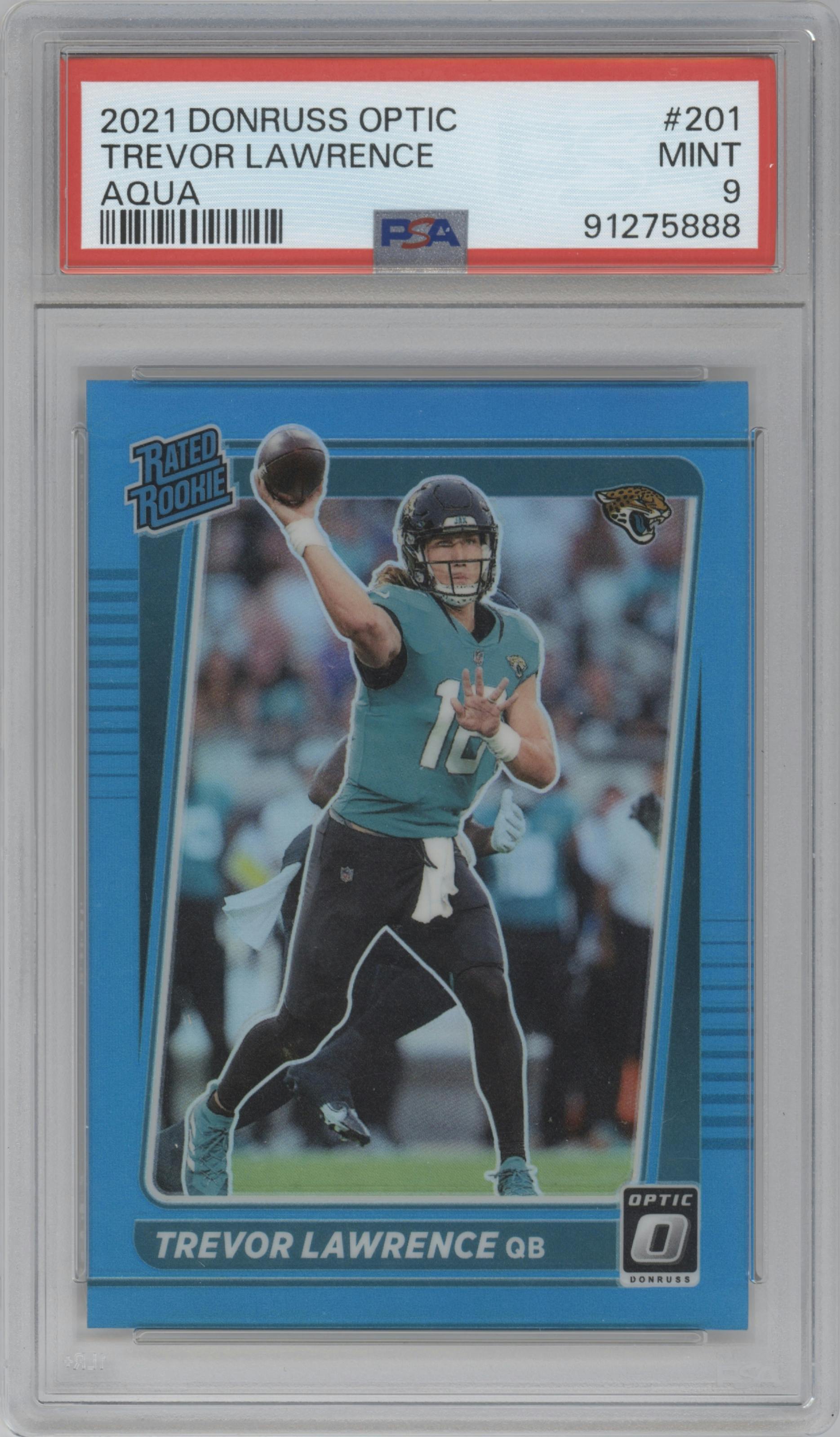 Trevor Lawrence from the 2021 Panini Donruss Optic set featuring a Aqua parallel graded by PSA and given an overall grade of 9.