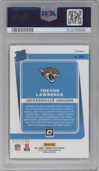 Trevor Lawrence from the 2021 Panini Donruss Optic set featuring a Aqua parallel graded by PSA and given an overall grade of 9.
