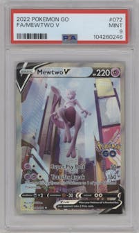 Mewtwo V from the 2022 Pokemon SWSH set graded by PSA and given an overall grade of 9.