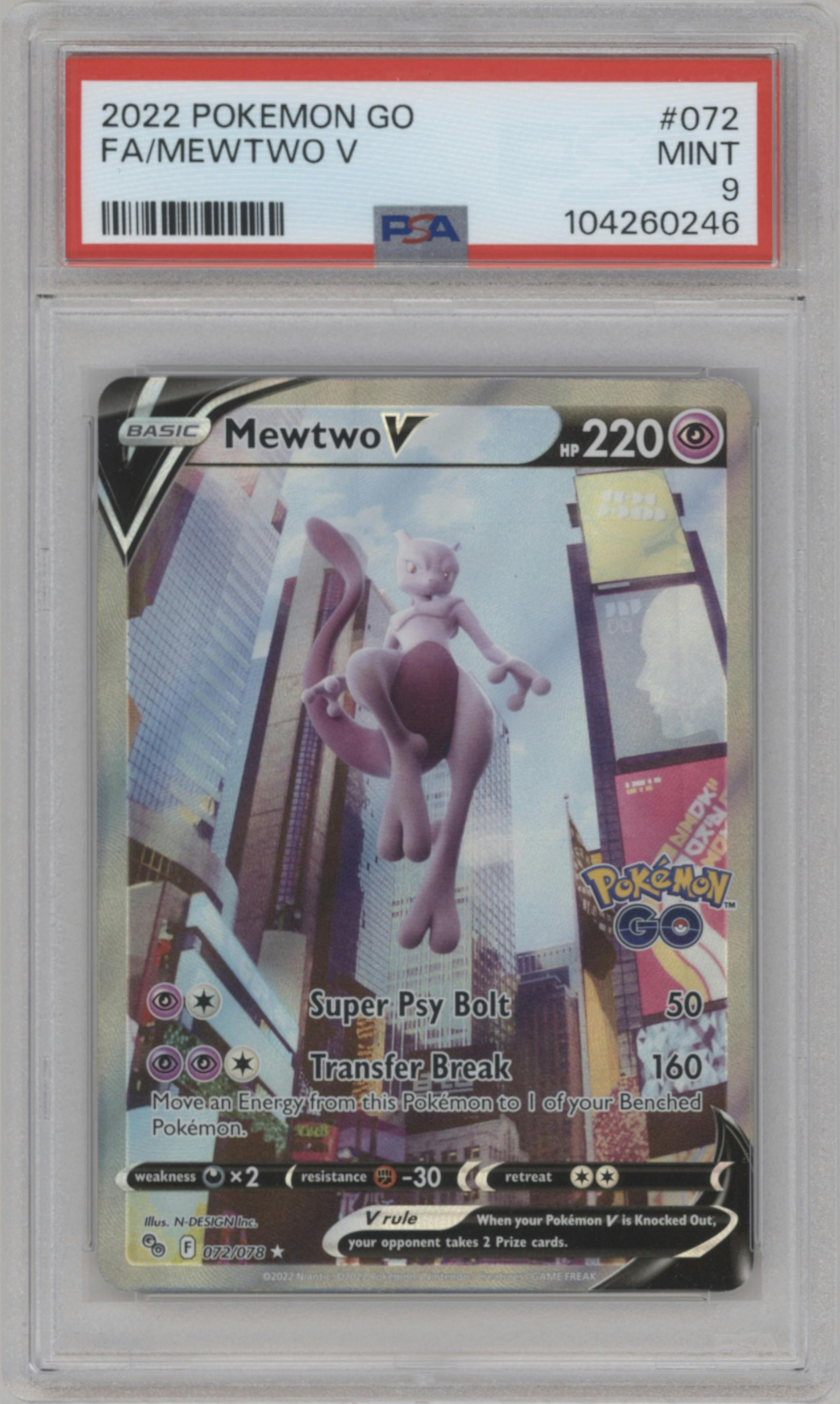 Mewtwo V from the 2022 Pokemon SWSH set graded by PSA and given an overall grade of 9.