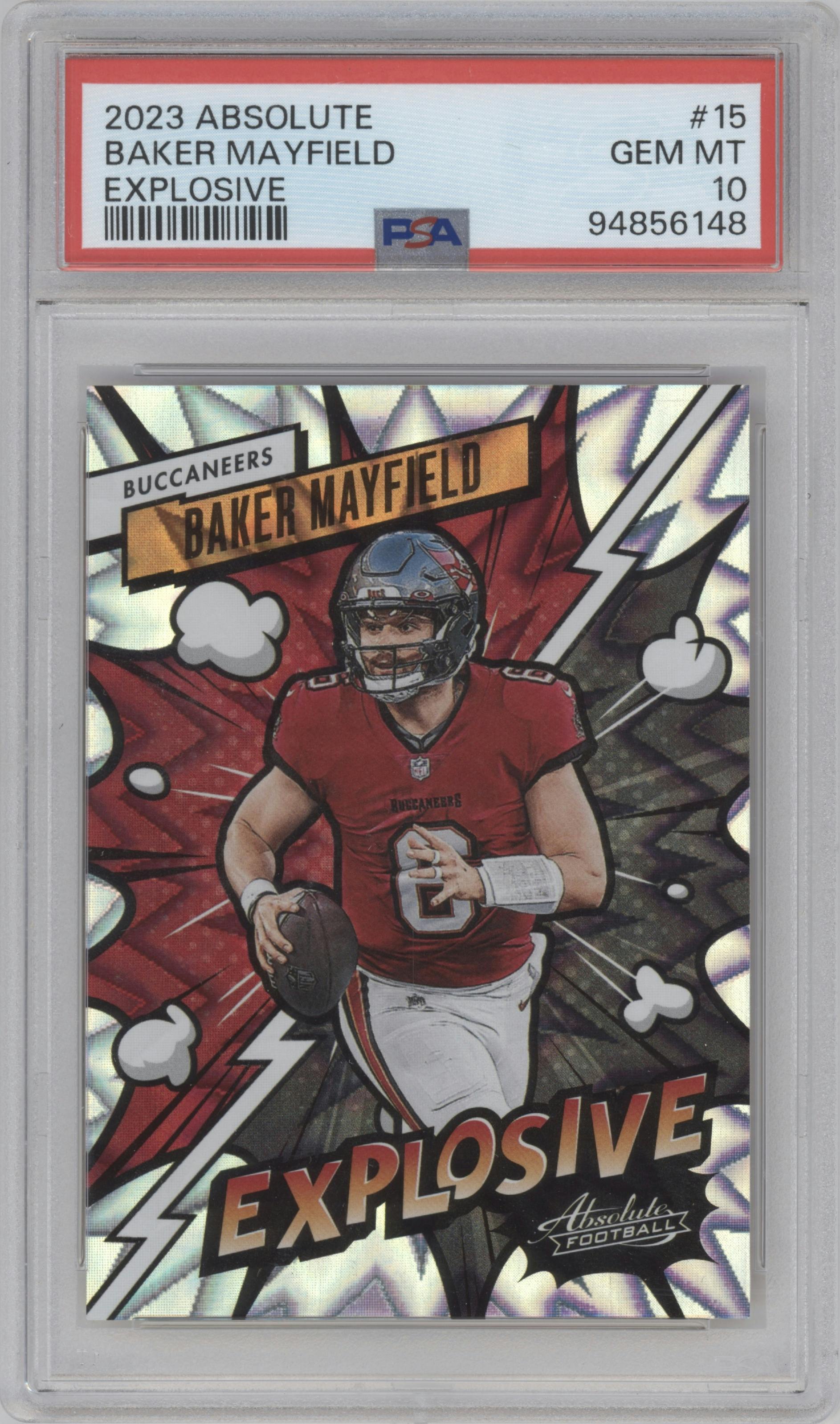 Baker Mayfield from the 2023 Panini Absolute set graded by PSA and given an overall grade of 10.