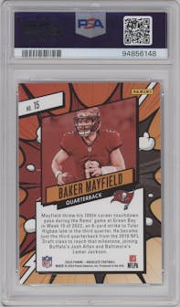 Baker Mayfield from the 2023 Panini Absolute set graded by PSA and given an overall grade of 10.