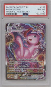 Mew VMAX from the 2021 Pokemon SWSH set graded by PSA and given an overall grade of 10.