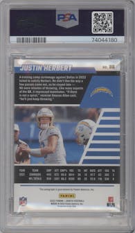 Justin Herbert from the 2022 Panini Zenith set featuring a Artist Proof Silver parallel graded by PSA and given an overall grade of 9.