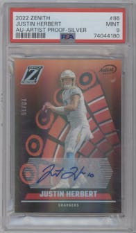 Justin Herbert from the 2022 Panini Zenith set featuring a Artist Proof Silver parallel graded by PSA and given an overall grade of 9.