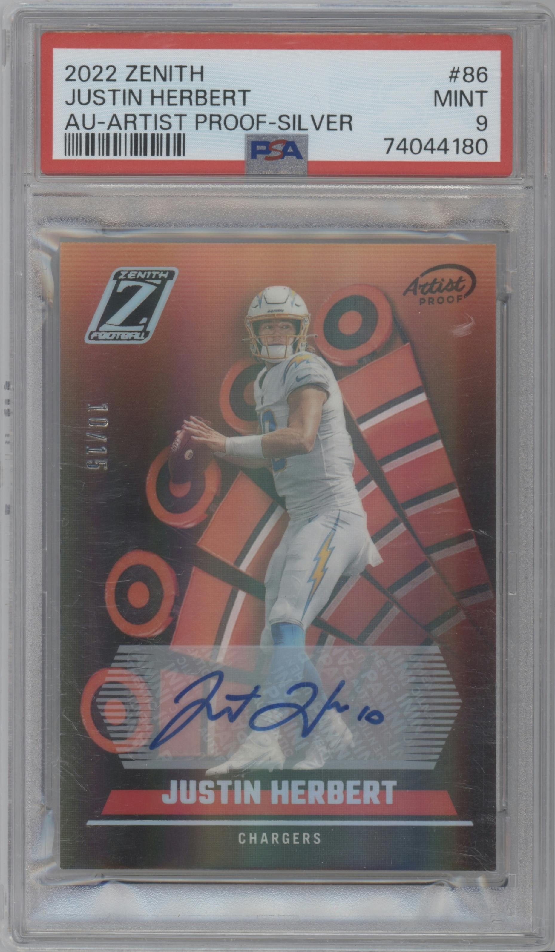 Justin Herbert from the 2022 Panini Zenith set featuring a Artist Proof Silver parallel graded by PSA and given an overall grade of 9.