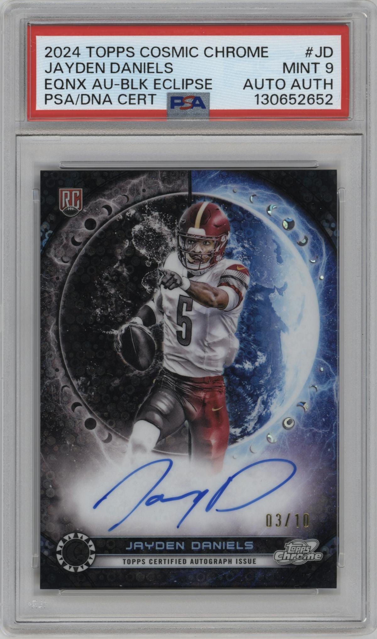 Jayden Daniels from the 2024 Topps Cosmic Chrome set featuring a Black Eclipse Refractor parallel graded by PSA and given an overall grade of 9.