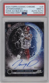 Jayden Daniels from the 2024 Topps Cosmic Chrome set featuring a Black Eclipse Refractor parallel graded by PSA and given an overall grade of 9.