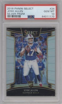 Josh Allen from the 2018 Panini Select set featuring a Silver Prizm  parallel graded by PSA and given an overall grade of 10.