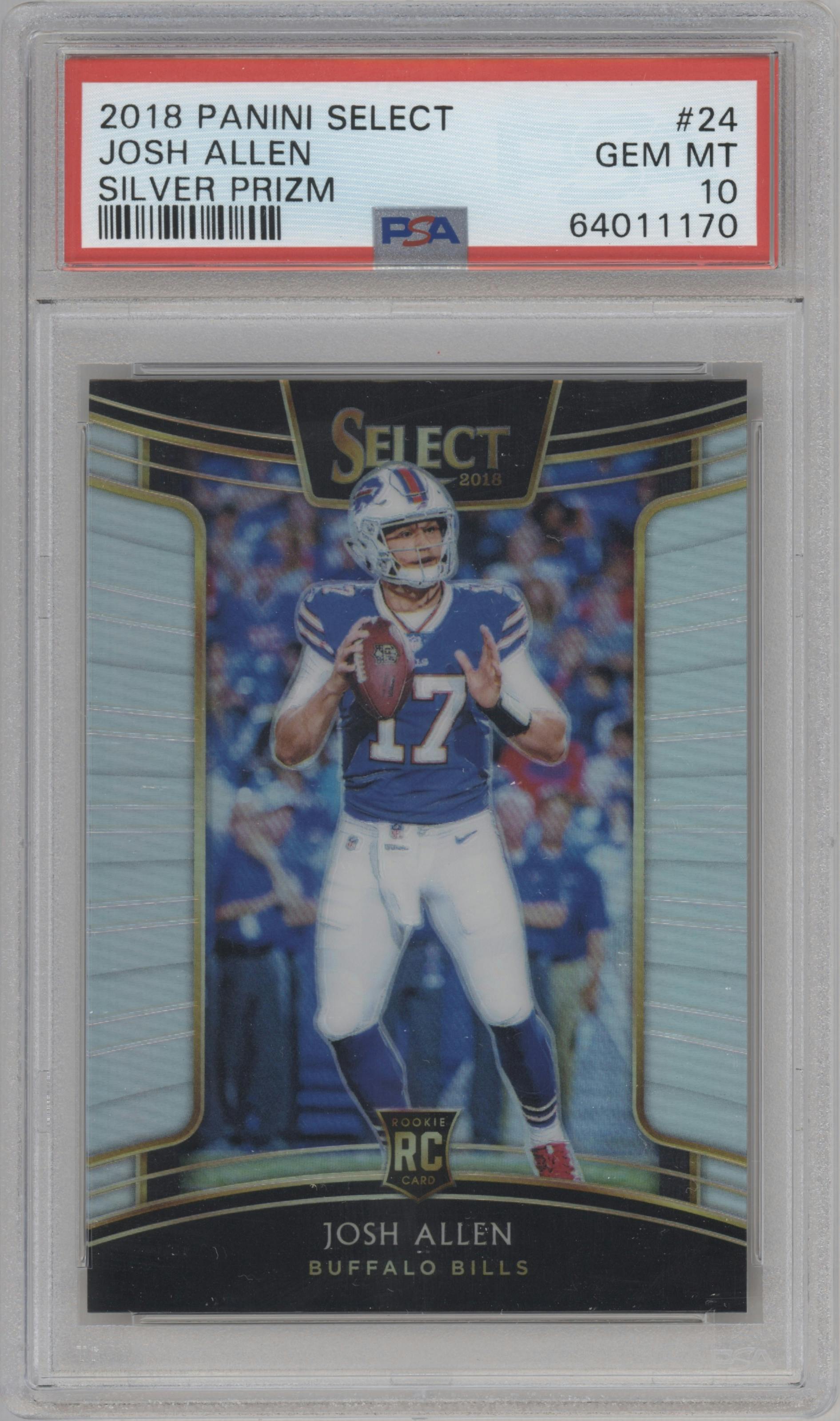 Josh Allen from the 2018 Panini Select set featuring a Silver Prizm  parallel graded by PSA and given an overall grade of 10.