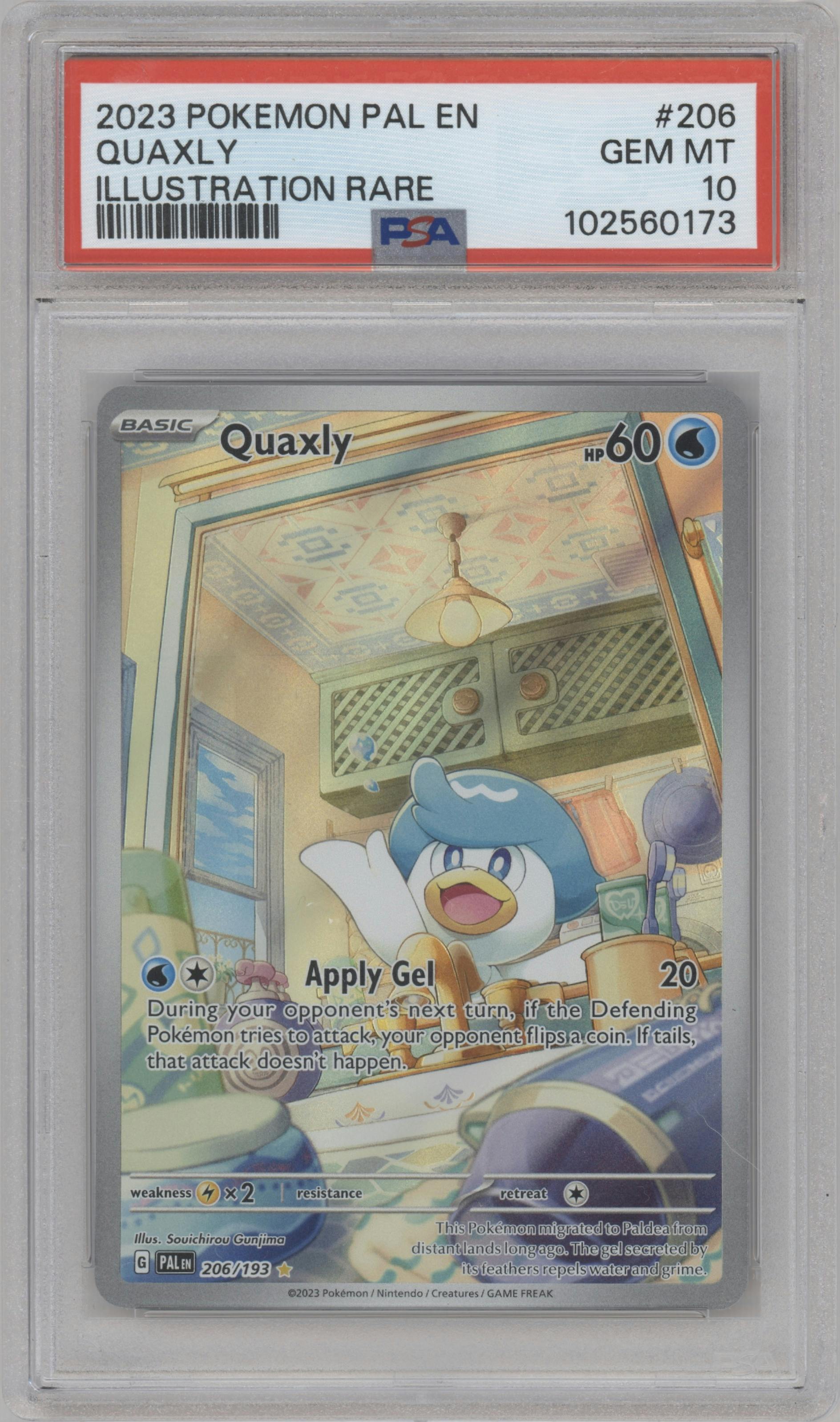 Quaxly from the 2023 Pokemon SV set graded by PSA and given an overall grade of 10.