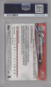 Juan Soto from the 2018 Topps Chrome Update  set featuring a Refractor parallel graded by PSA and given an overall grade of 9.
