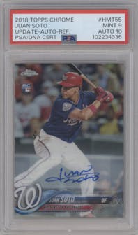 Juan Soto from the 2018 Topps Chrome Update  set featuring a Refractor parallel graded by PSA and given an overall grade of 9.