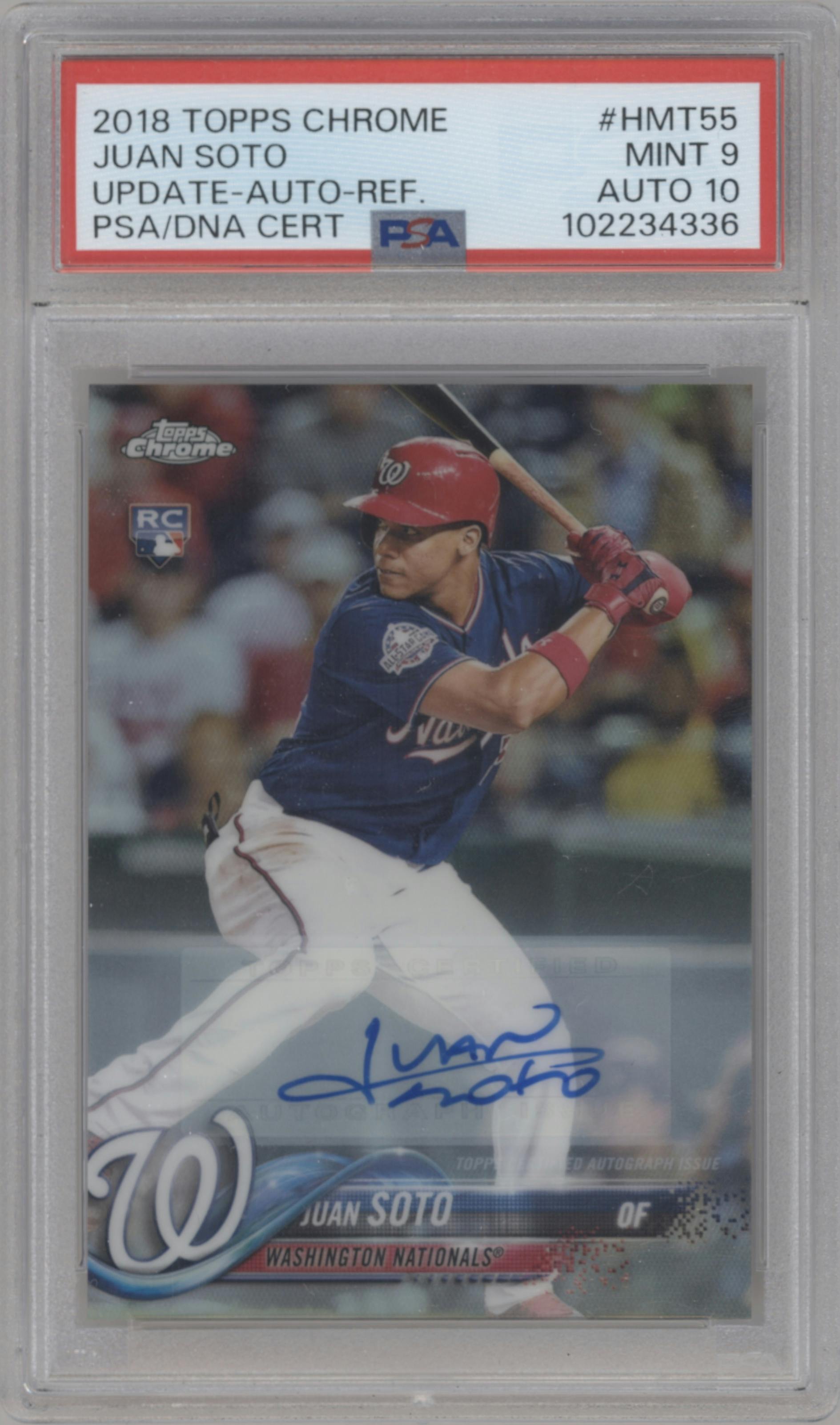 Juan Soto from the 2018 Topps Chrome Update  set featuring a Refractor parallel graded by PSA and given an overall grade of 9.