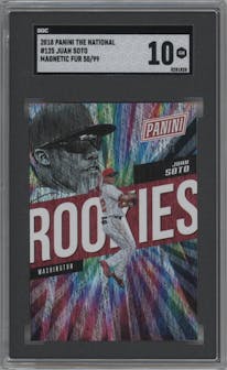 Juan Soto from the 2018 Panini The National VIP set featuring a Magnetic Fury parallel graded by SGC and given an overall grade of 10.