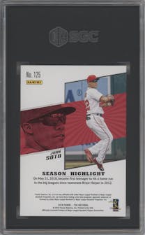 Juan Soto from the 2018 Panini The National VIP set featuring a Magnetic Fury parallel graded by SGC and given an overall grade of 10.