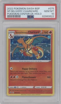 Special Delivery Charizard  from the 2022 Pokemon SWSH set featuring a Pokemon Center UK parallel graded by PSA and given an overall grade of 10.
