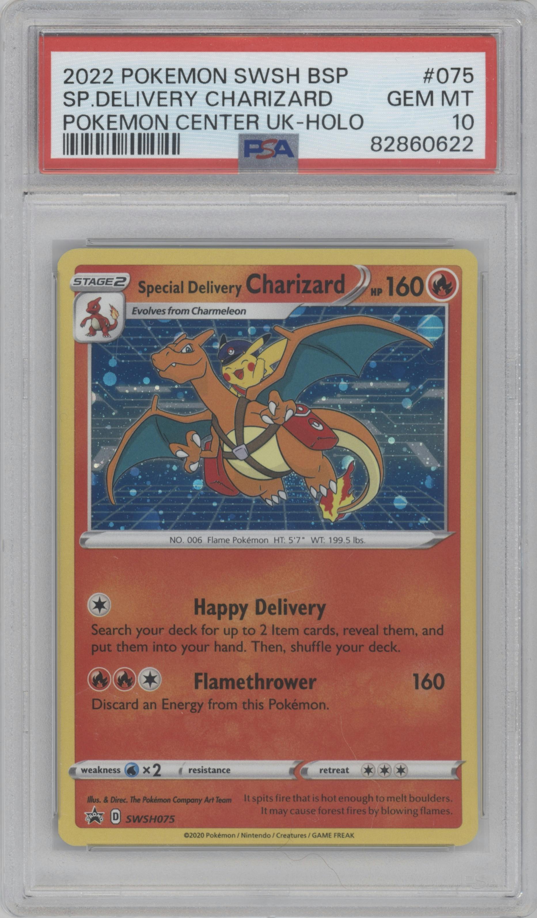 Special Delivery Charizard  from the 2022 Pokemon SWSH set featuring a Pokemon Center UK parallel graded by PSA and given an overall grade of 10.