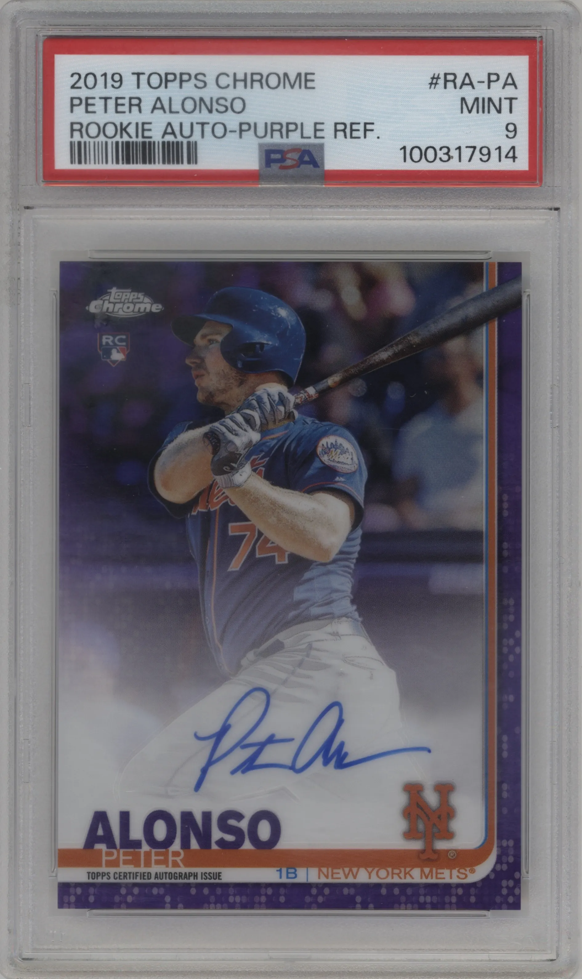 2019 Topps Chrome Rke.Auto Peter Alonso Purple Refractor #RA-PA PSA 9