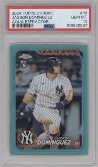 Jasson Dominguez from the 2024 Topps Chrome set featuring a Aqua Refractor parallel graded by PSA and given an overall grade of 10.