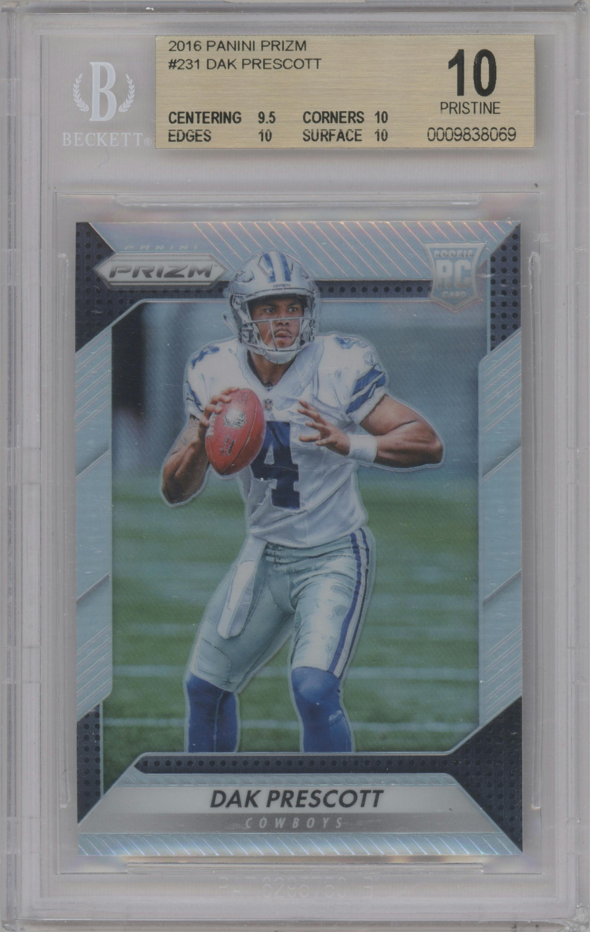 Dak Prescott from the 2016 Panini Prizm set graded by Beckett and given an overall grade of 10.