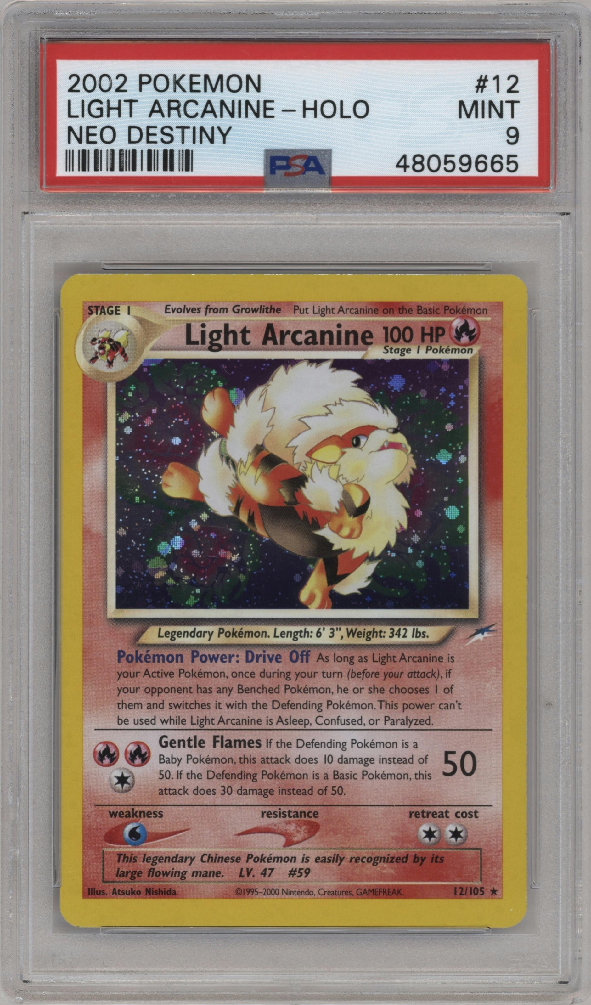 Light Arcanine from the 2002 Pokemon Neo Genesis set graded by PSA and given an overall grade of 9.